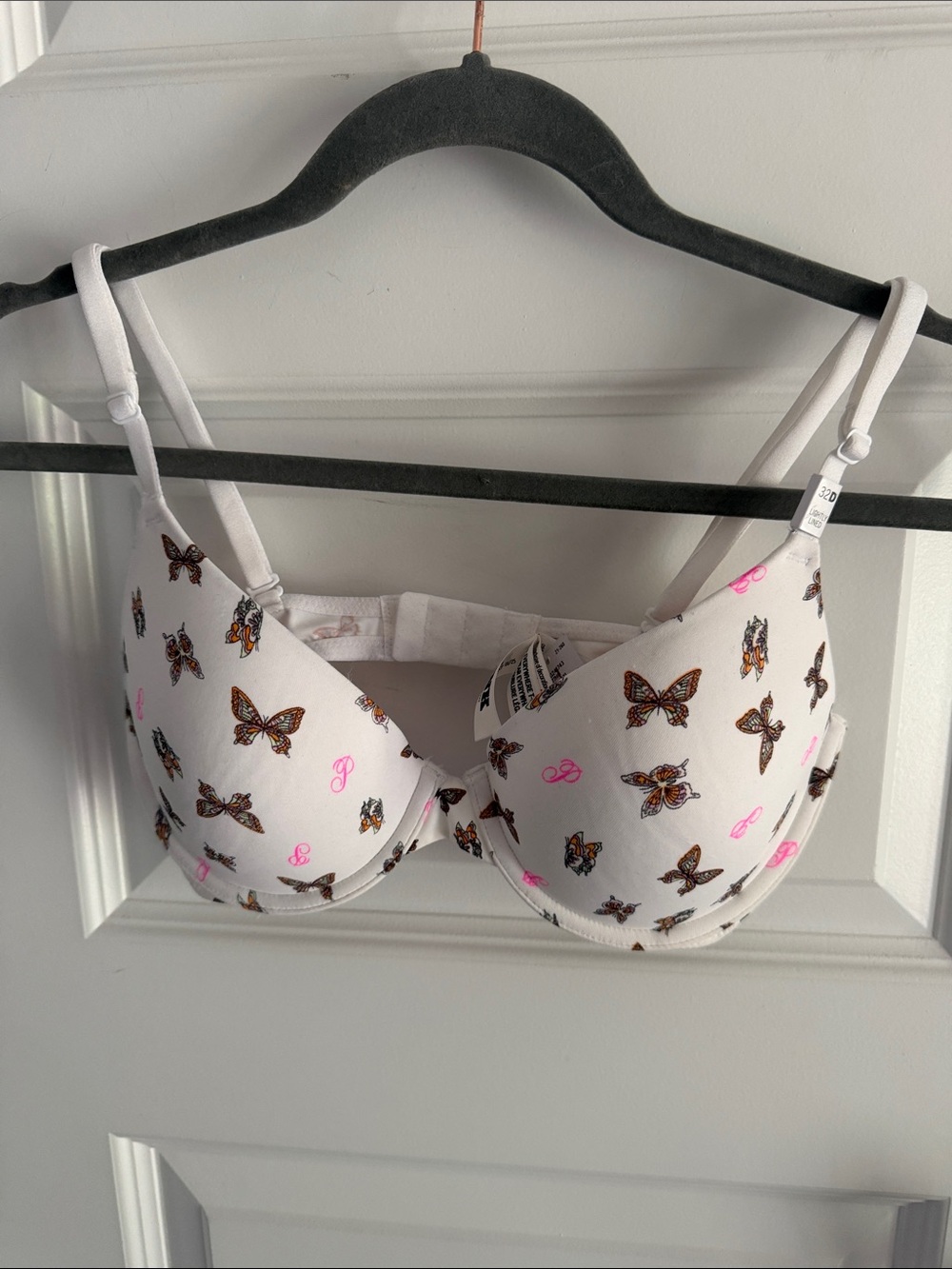 PINK VS Women’s White Butterfly Print Bra with Pink Accents